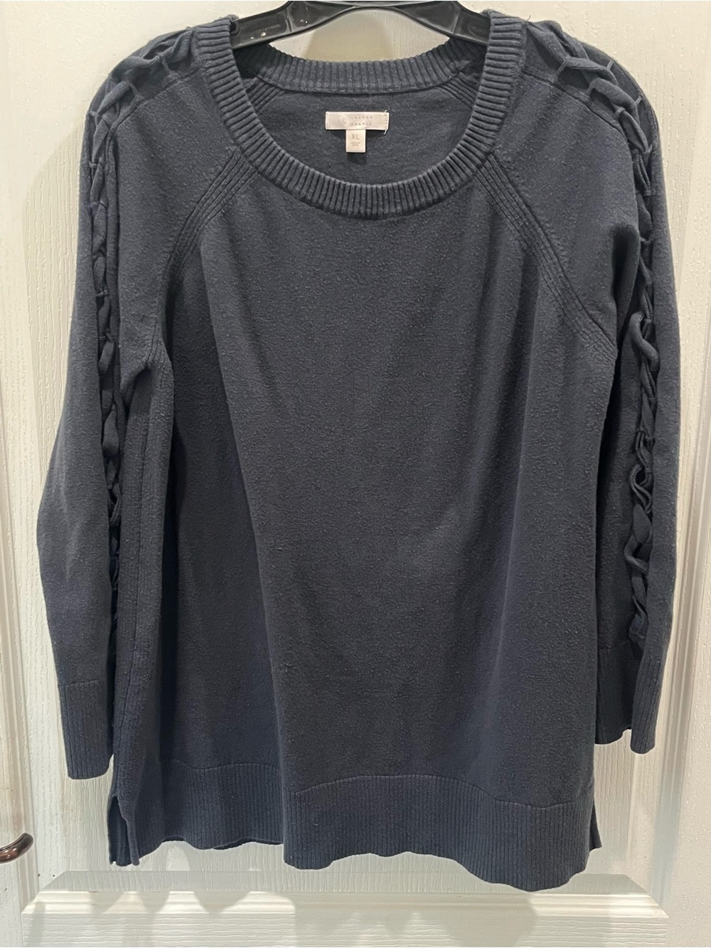 Women's Navy Braided-Sleeve Knit Top Lauren Conrad XL